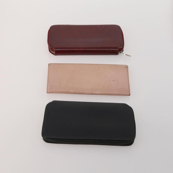 CARTIER Wallet Leather 10 Set Black Bordeaux pink Auth CB296