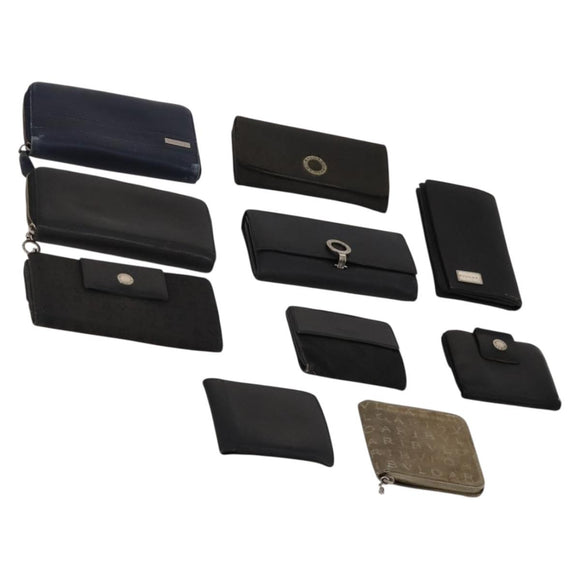 BVLGARI Wallet Leather Canvas 10 Set Black Navy beige Auth CB297