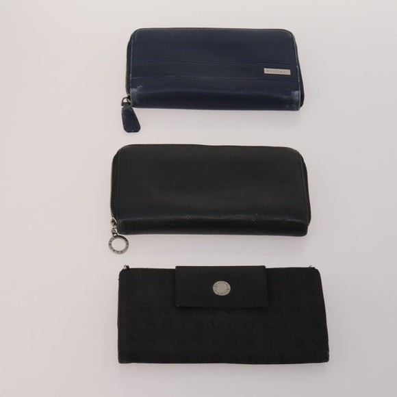 BVLGARI Wallet Leather Canvas 10 Set Black Navy beige Auth CB297
