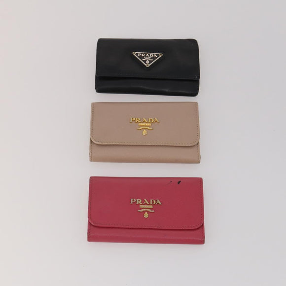 PRADA Key Case Saffiano leather 10 Set Black Beige Auth CB308