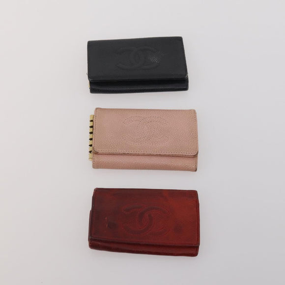 CHANEL Key Case Leather Caviar Skin 10 Set Pink Black purple CC Auth CB309