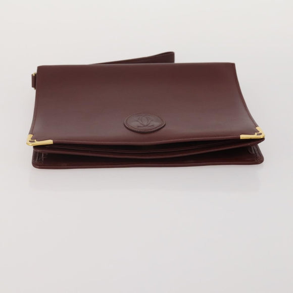 CARTIER Clutch Bag Leather 3 Set Bordeaux Gold Tone Auth CB311