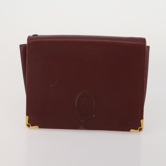 CARTIER Clutch Bag Leather 3 Set Bordeaux Gold Tone Auth CB311
