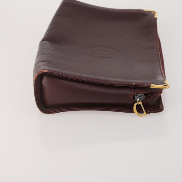 CARTIER Clutch Bag Leather 3 Set Bordeaux Gold Tone Auth CB311