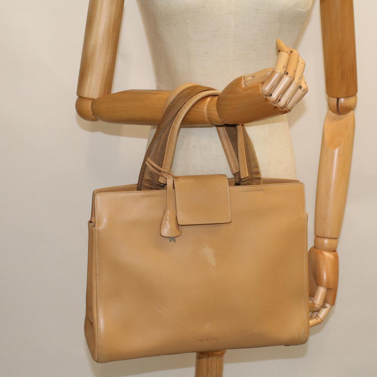 PRADA Hand Bag Leather Beige Auth cl775