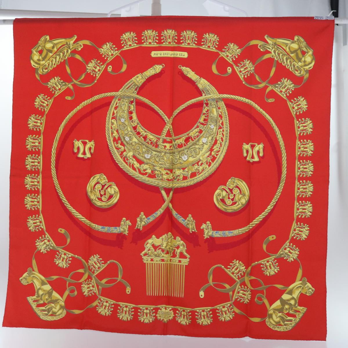 HERMES Carre 90 LES CAVAL D'OR Scarf Silk Red Auth cl815