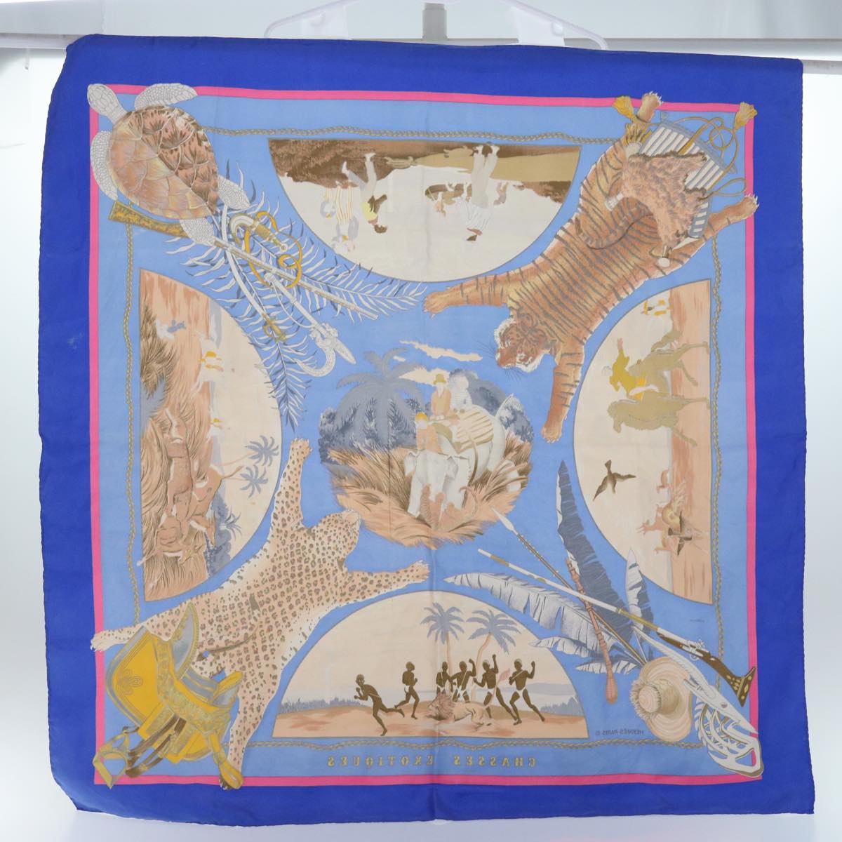 HERMES Carre 90 CHASSES EXOTIQUES Scarf Silk Blue Brown Auth cl822