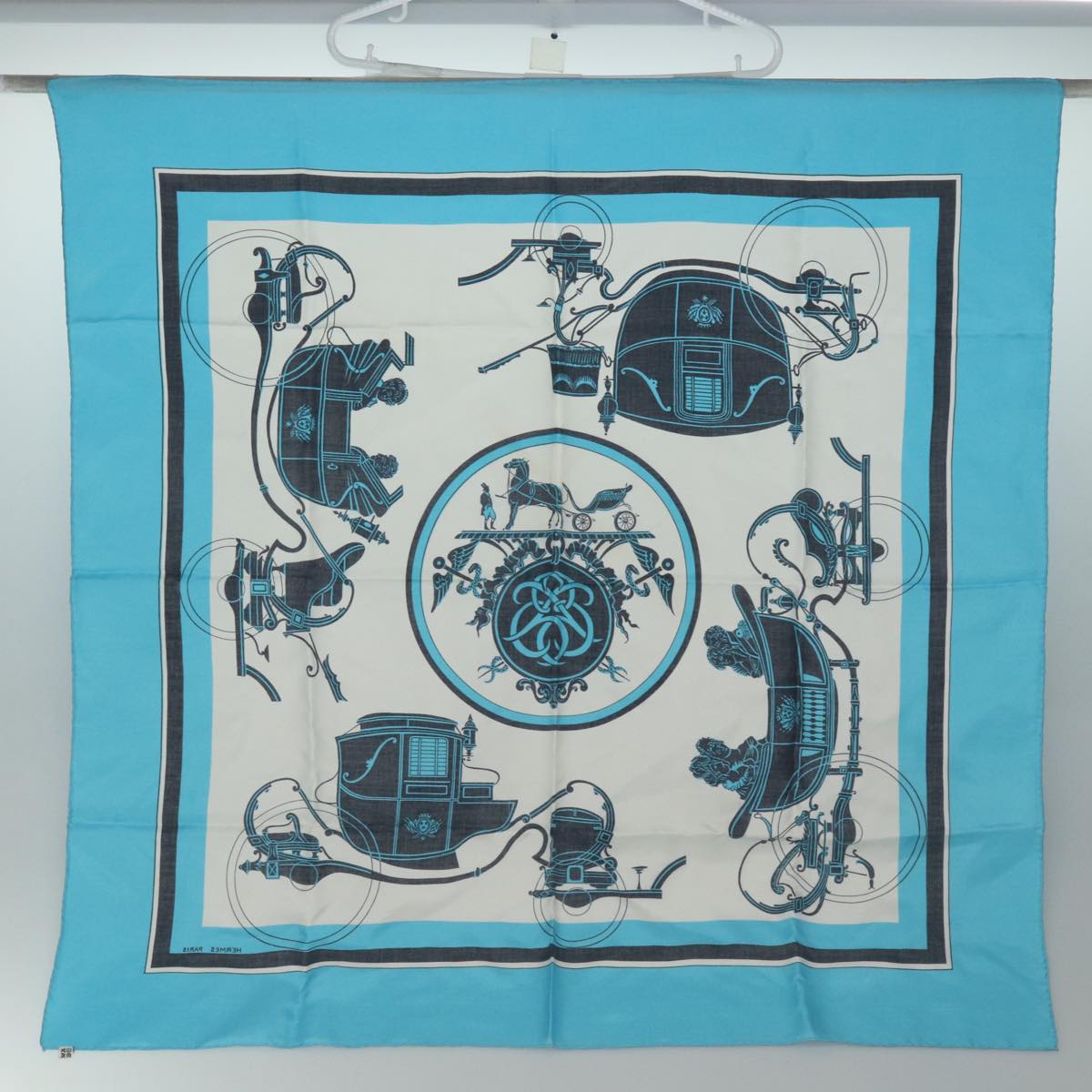 HERMES Carre 90 Scarf ""Ex-Libris"" Silk Blue Auth CL853