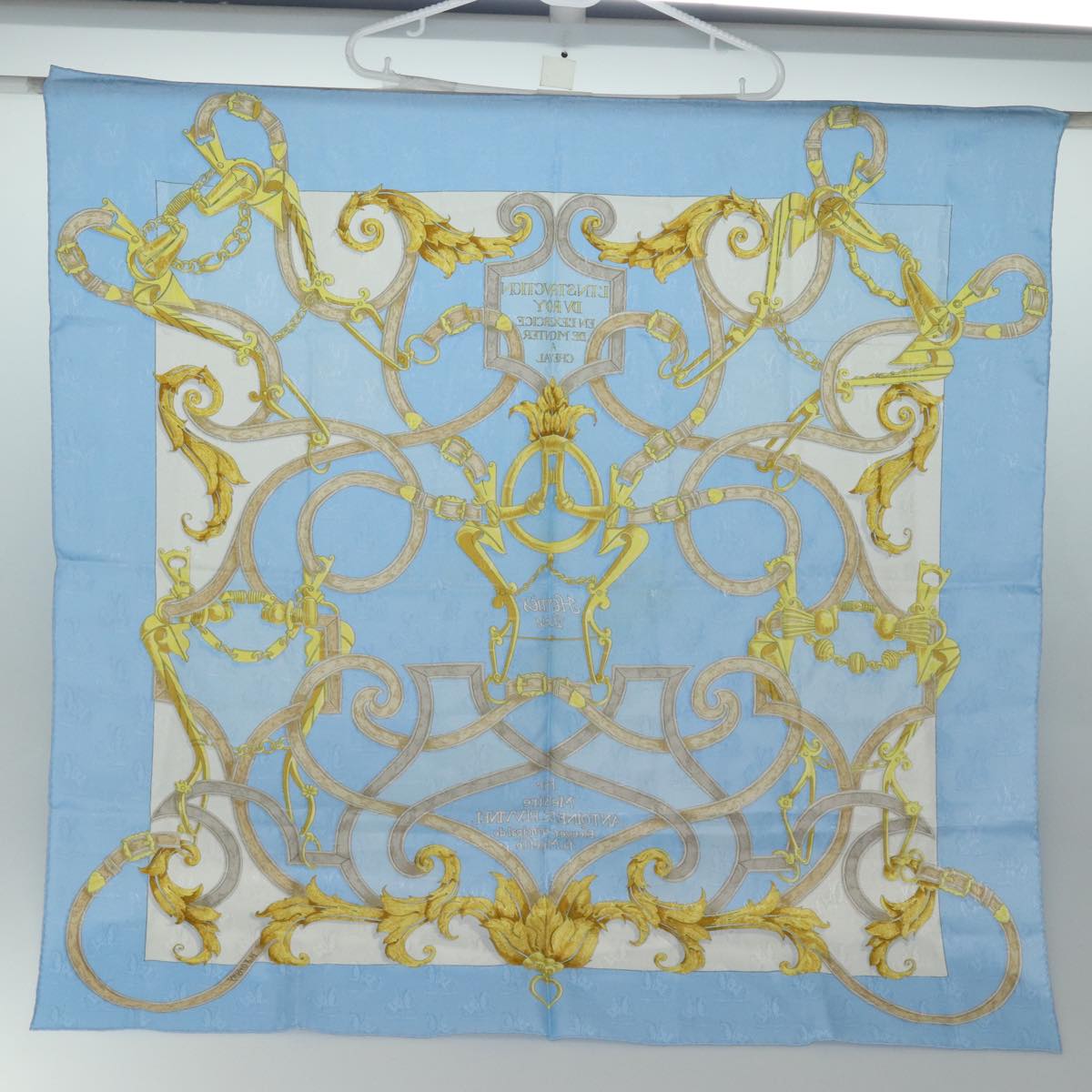 HERMES Carre 90 Scarf ""Par Mefsire ANTOINE DE PLVVINEL"" Silk Blue Auth cl854