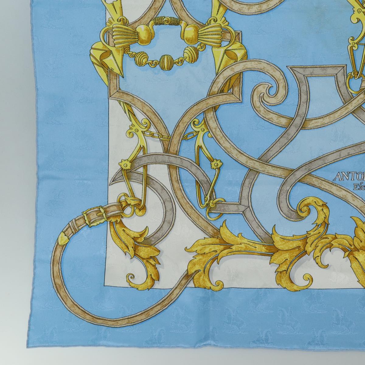 HERMES Carre 90 Scarf ""Par Mefsire ANTOINE DE PLVVINEL"" Silk Blue Auth cl854