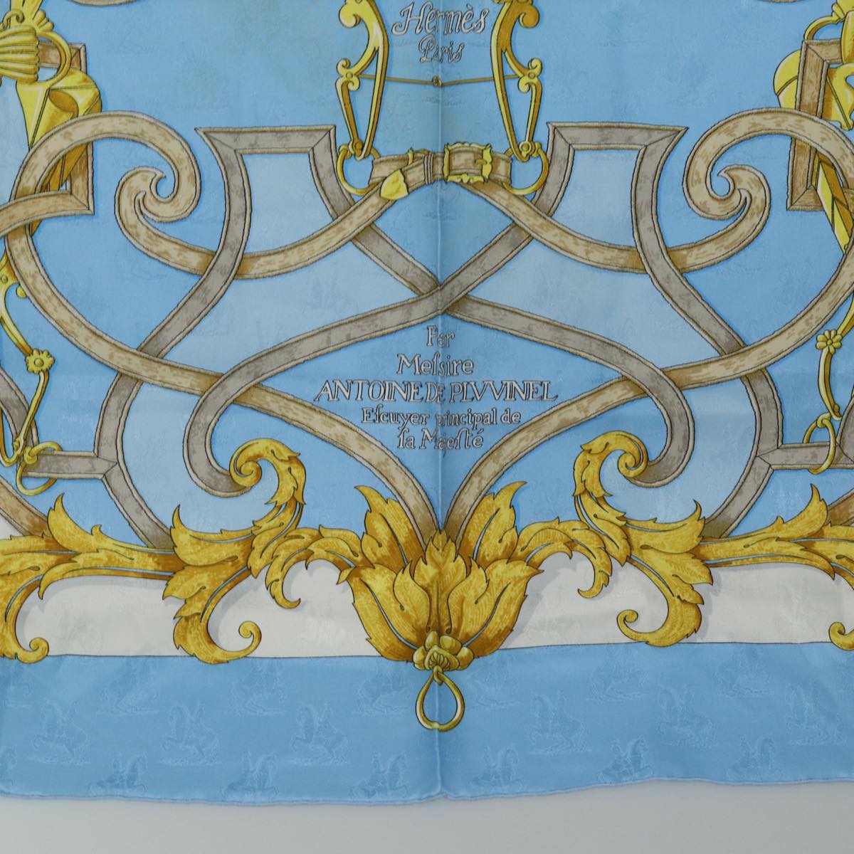 HERMES Carre 90 Scarf ""Par Mefsire ANTOINE DE PLVVINEL"" Silk Blue Auth cl854