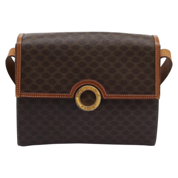CELINE Macadam Canvas Shoulder Bag PVC Leather Brown Gold Auth EC038