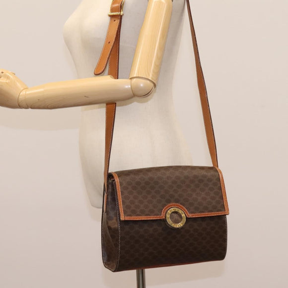 CELINE Macadam Canvas Shoulder Bag PVC Leather Brown Gold Auth EC038