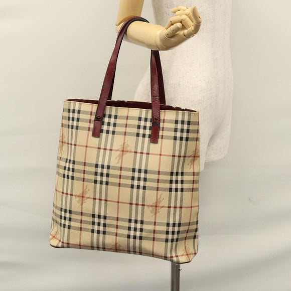 BURBERRY Nova Check Shoulder Bag PVC Beige Wine Red Silver Auth EC077