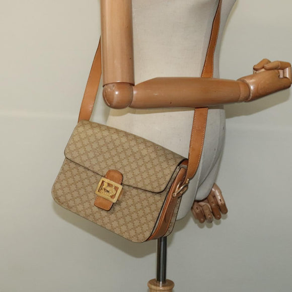 CELINE Macadam Canvas Horse Carriage Shoulder Bag Beige Gold Auth EC1008