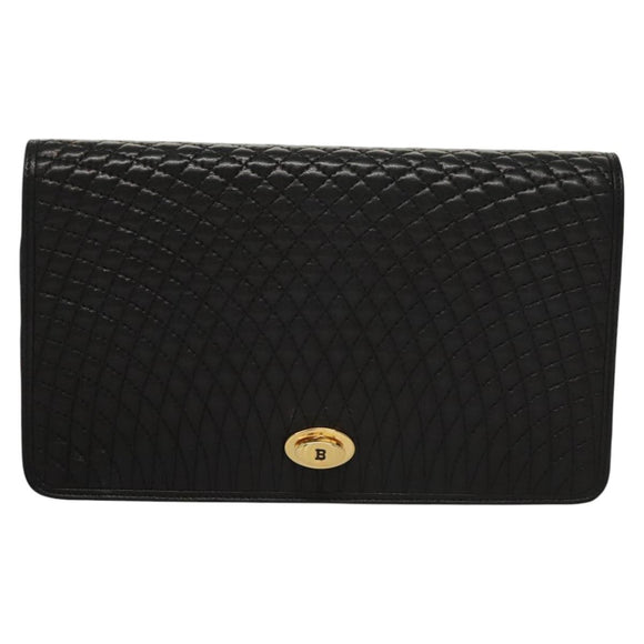 BALLY Chain Shoulder Bag Leather Black Gold Auth EC1031