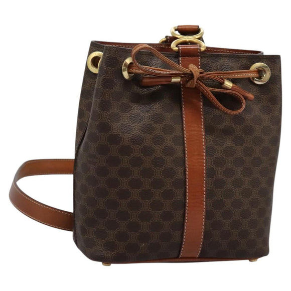 CELINE Macadam Canvas Shoulder Bag PVC Leather Brown Gold Auth EC156