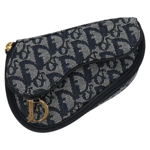 Christian Dior Trotter Canvas Zadel Buidel Marine Goud Auth EC240V