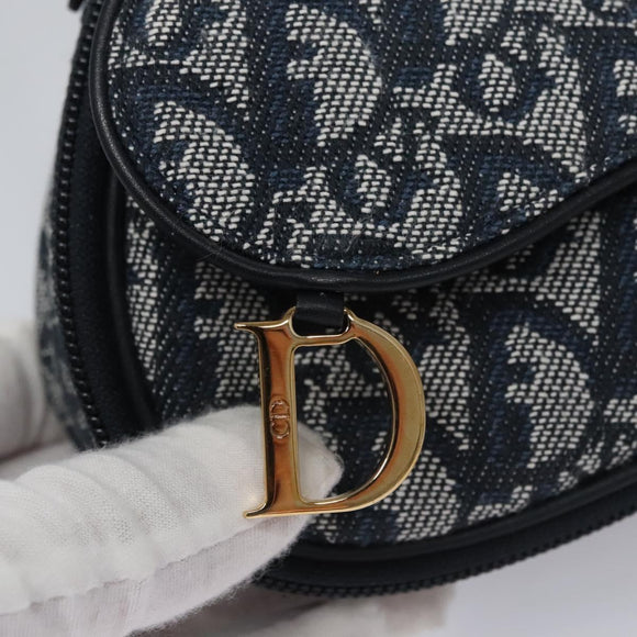 Christian Dior Trotter Canvas Zadel Buidel Marine Goud Auth EC240V