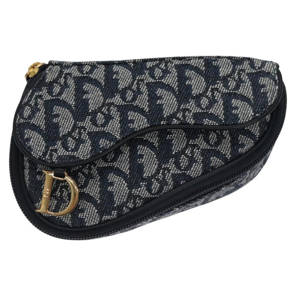 Christian Dior Trotter Canvas Zadel Buidel Marine Goud Auth EC240V