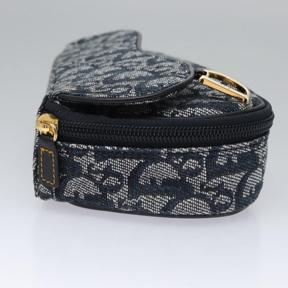 Christian Dior Trotter Canvas Zadel Buidel Marine Goud Auth EC240V