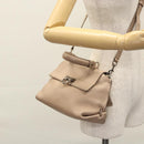 Salvatore Ferragamo Gancini Sofia Hand Bag Leather 2way Beige Silver Auth EC287-28