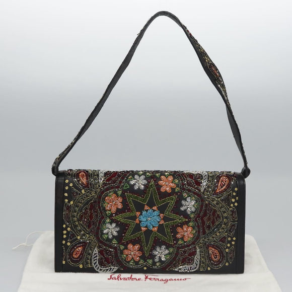 Salvatore Ferragamo Shoulder Bag beads Black Auth EC288V