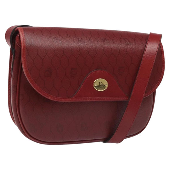 Christian Dior Honeycomb Canvas Shoulder Bag PVC Leather Red Gold Auth EC300
