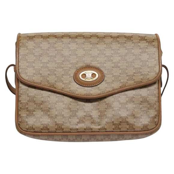 CELINE Macadam Canvas Shoulder Bag Beige Gold Auth EC329