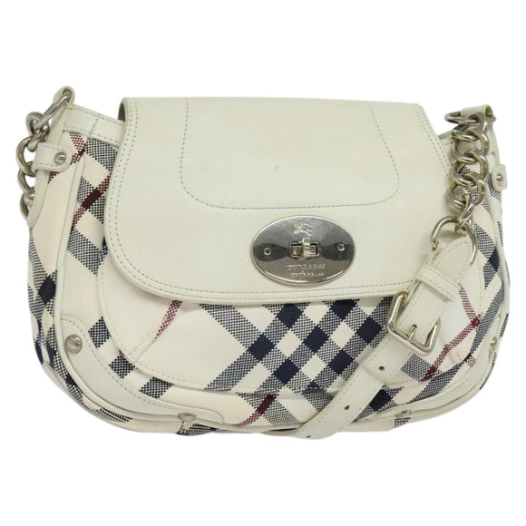BURBERRY Nova Check Blue Label Bag Canvas Leather White Silver Auth EC349