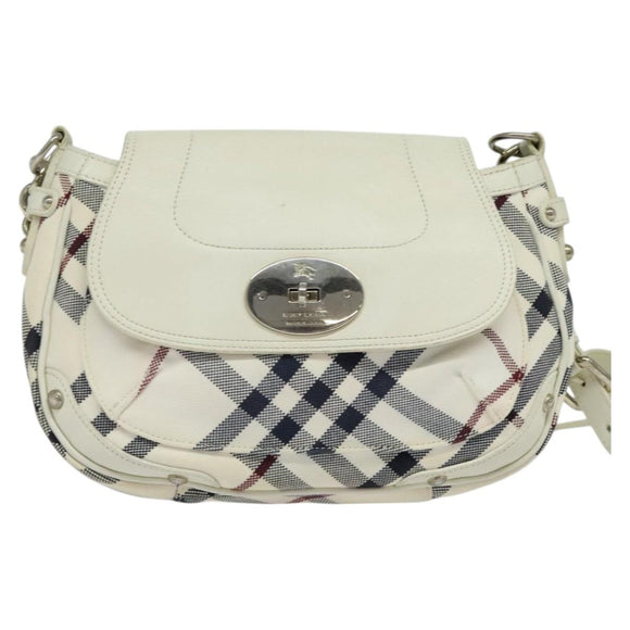 BURBERRY Nova Check Blue Label Bag Canvas Leather White Silver Auth EC349