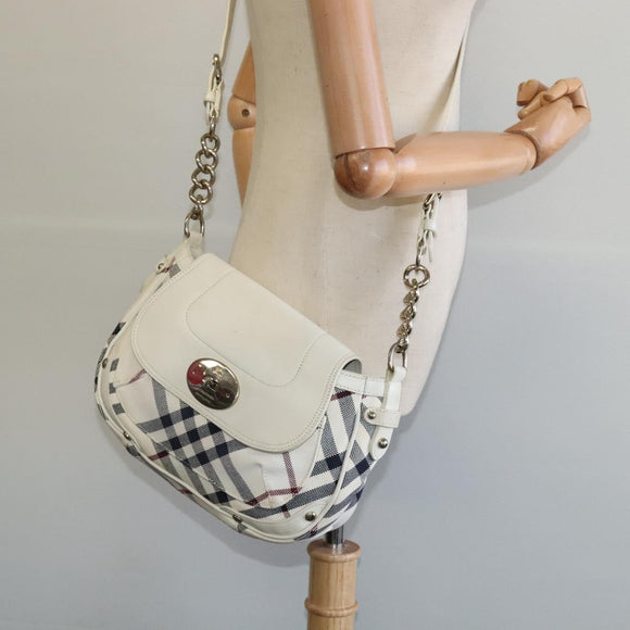 BURBERRY Nova Check Blue Label Bag Canvas Leather White Silver Auth EC349