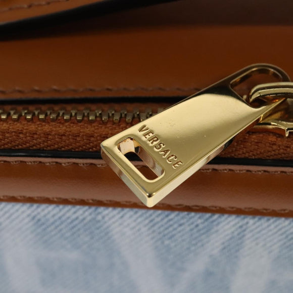 VERSACE Hand Bag Canvas 2way Light Blue Gold Auth EC379AV