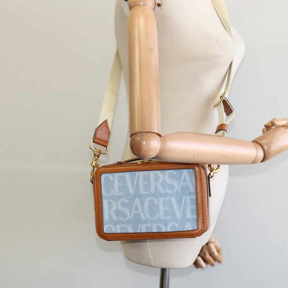 VERSACE Hand Bag Canvas 2way Light Blue Gold Auth EC379AV