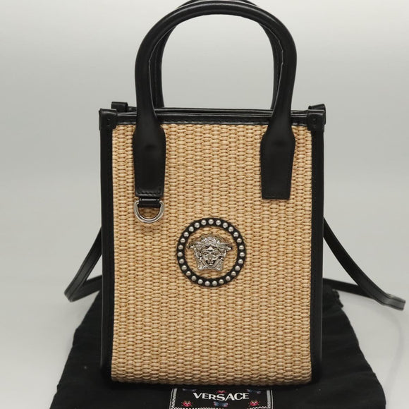 VERSACE Hand Bag Raffia 2way Beige Auth EC391A