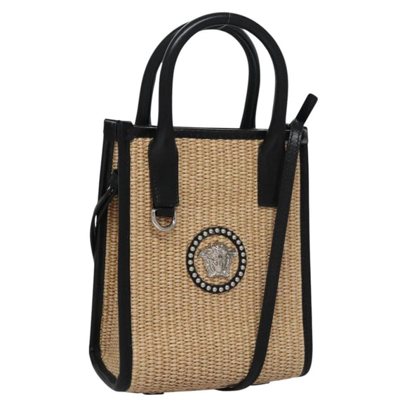 VERSACE Hand Bag Raffia 2way Beige Auth EC393A