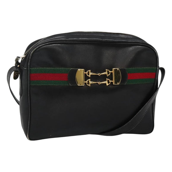 GUCCI Web Sherry Line Shoulder Bag Leather Black Red Green Auth EC493