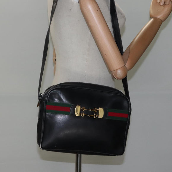 GUCCI Web Sherry Line Shoulder Bag Leather Black Red Green Auth EC493