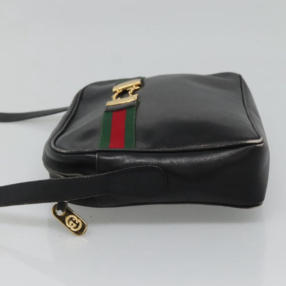 GUCCI Web Sherry Line Shoulder Bag Leather Black Red Green Auth EC493
