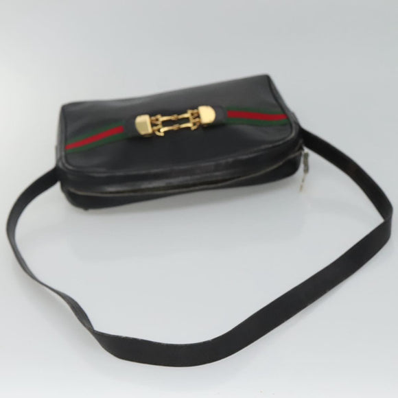 GUCCI Web Sherry Line Shoulder Bag Leather Black Red Green Auth EC493