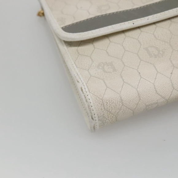 Christian Dior Honeycomb Canvas Chain Shoulder Bag PVC Leather White Auth EC494