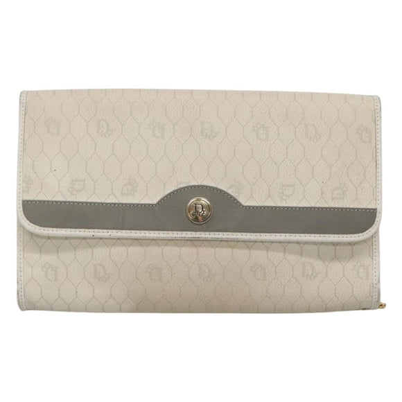 Christian Dior Honeycomb Canvas Chain Shoulder Bag PVC Leather White Auth EC494