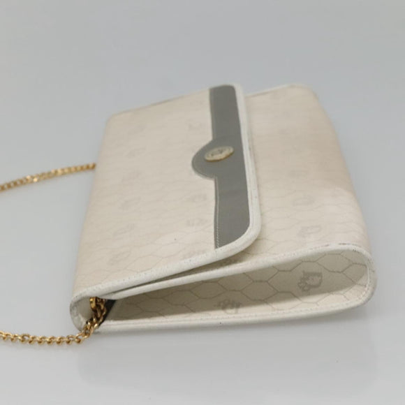 Christian Dior Honeycomb Canvas Chain Shoulder Bag PVC Leather White Auth EC494