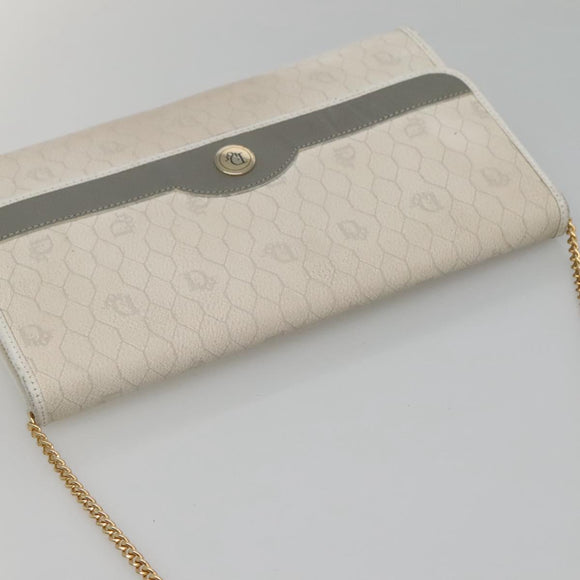 Christian Dior Honeycomb Canvas Chain Shoulder Bag PVC Leather White Auth EC494
