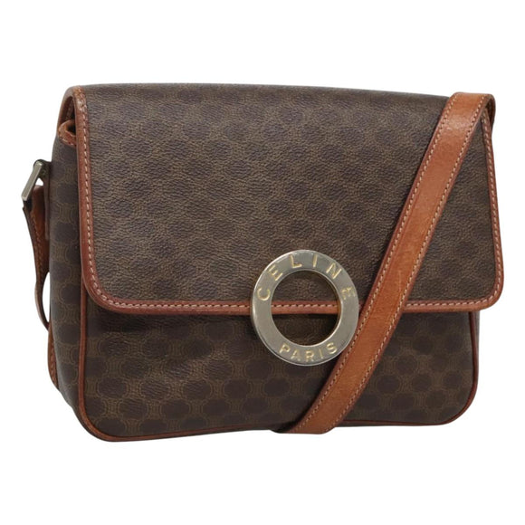 CELINE Macadam Canvas Circle Shoulder Bag PVC Leather Brown Gold Auth EC528