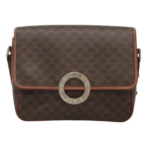 CELINE Macadam Canvas Circle Shoulder Bag PVC Leather Brown Gold Auth EC528