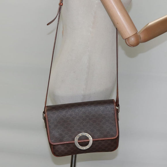 CELINE Macadam Canvas Circle Shoulder Bag PVC Leather Brown Gold Auth EC528