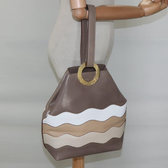 CELINE Shoulder Bag Leather Brown Gold Auth EC529