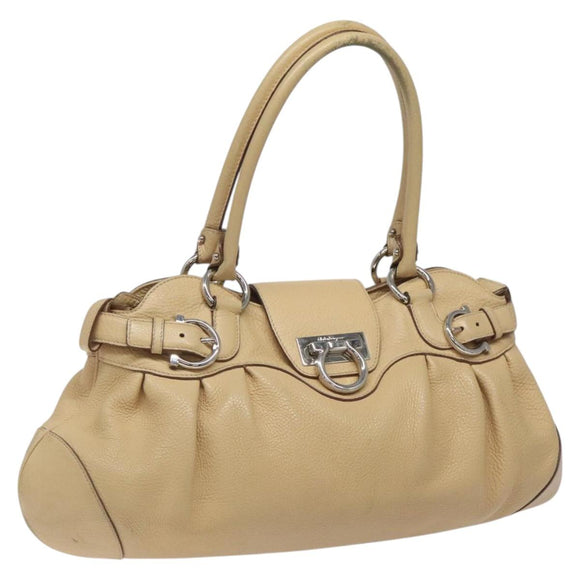 Salvatore Ferragamo Gancini Shoulder Bag Leather Beige Silver Auth EC551