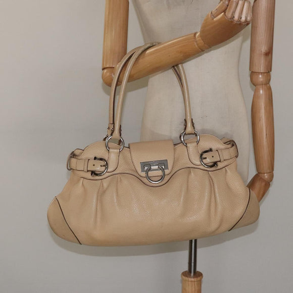 Salvatore Ferragamo Gancini Shoulder Bag Leather Beige Silver Auth EC551